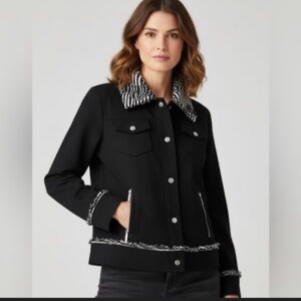 Chico’s faux fur zebra trim black jacket size 2 US large